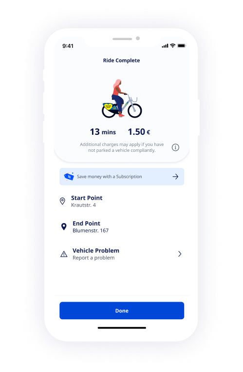 nextbike App Screenshot zeigt Informationen (Ausleihdauer, Preis, Startpunkt, Endpunkt) einer beendeten Rad-Leihe.
