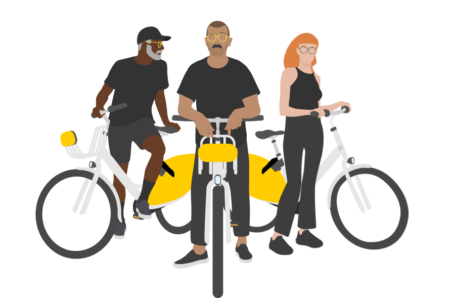 3-people-on-mobibikes Grafik, die eine Frau und zwei Männer zeigt, die nebeneinander neben ihren MOBIbikes stehen.