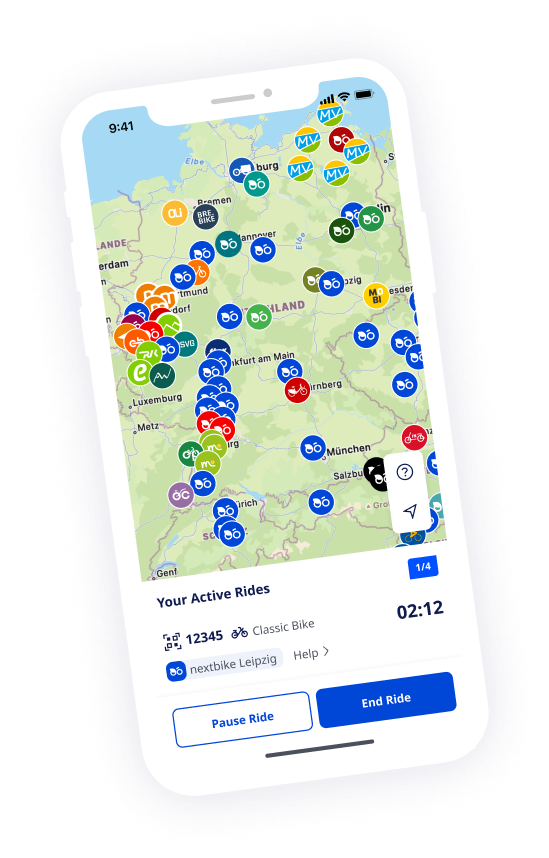 nextbike App Screenshot zeigt die Verleihsystem-Übersichtskarte von Deutschland.