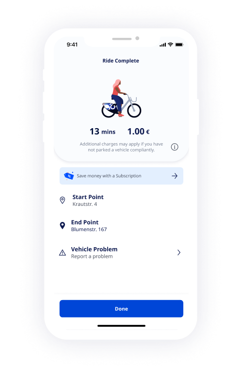 nextbike App Screenshot zeigt Informationen (Ausleihdauer, Preis, Startpunkt, Endpunkt) einer beendeten Rad-Leihe.